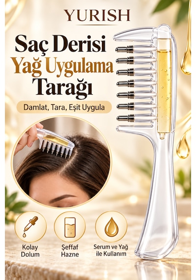 Saç Derisi Serum Ve Yağ Uygulama Tarağı Masaj Başlıklı Şefaf Hazneli 0