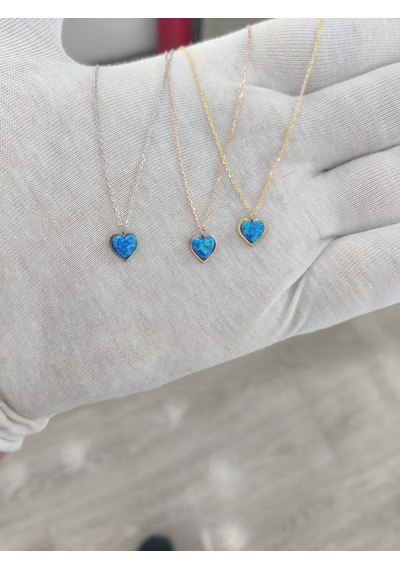 925 Ayar Papatya Silver Mavi Opal Taşlı Kalp Kolye.rose.gold.rodaj Gümüş
