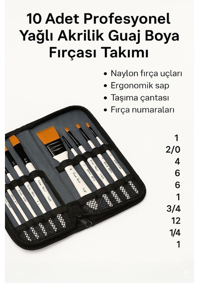 10 Adet Profesyonel Yağlı Akrilik Guaj Boya Fırçası Takımı Naylon Fırça Cin671by