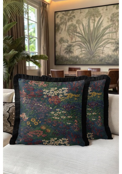 Çiçek Bahçesi Desenli Saçaklı Yastık Kılıfı - Floral Lacivert Yeşil Siyah Püsküllü Kırlent Kılıfı Buzlu Atlas Saten Çiçek Bahçesi Desenli Saçaklı Yastık Kılıfı - Floral Lacivert Yeşil Siyah Püsküllü Kırlent Kılıfı Buzlu Atlas Saten