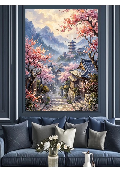 Sakura Dalları Arasında Japon Köyü Dekoratif Kanvas - Mdf Ahşap Tablo