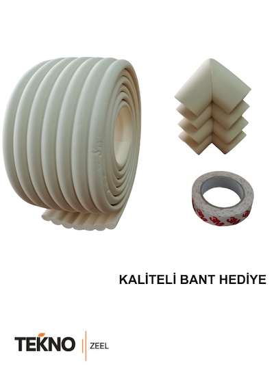 Teknozeel Kauçuk Krem Renk Geniş Kenar Ve 4 Adet Köşe Koruyucu 2 Metre Bebek Çocuk Masa Kenar Koruma