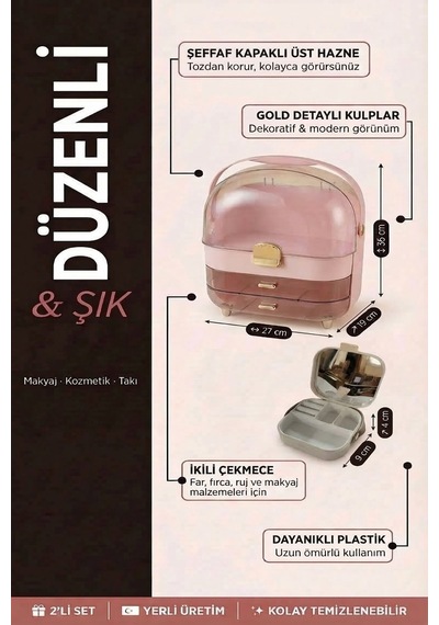 Makri Home Çok Bölmeli Şeffaf Çekmeceli Makyaj & Kozmetik Organizeri Pembe Ve İkili Çekmeceli Organizer Pembe