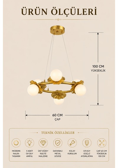 Modern Premium 6lı Eskitme Halka Sarkıt Avizesi Salon Mutfak Oturma Odası Modelleri 6 Ampül X G9 Duy Gold