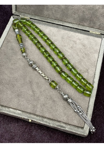 Alpaka Nakkaş İmameli Fıstık Yeşili Ateş Kehribar Tesbih 9x10 Mm Yeşil