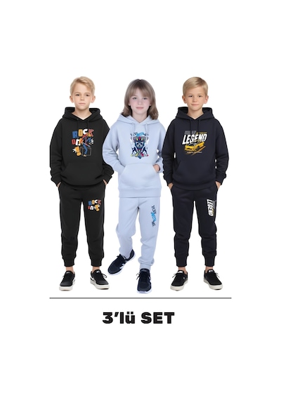 Fyk Kids 3'lü Erkek Çocuk Kapüşonlu Yaka Baskı Detaylı Eşofman Takımı Çok Renkli