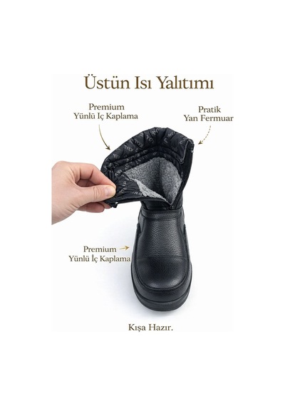 Erkek Kar Botu İçi Yünlü, Fermuarlı, Suya Dayanıklı, Kışlık... Siyah