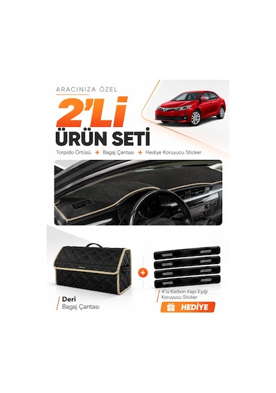 Toyota Corolla E170 2012-2018 Uyumlu Torpido Örtüsü + Deri Bagaj Çantası + Sticker - Siyah Bej