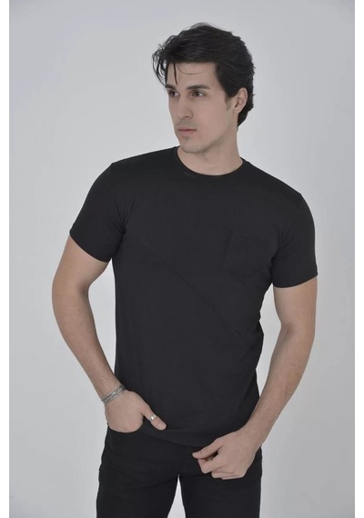 Erkek File Cepli Slim Fit T-shirt - Siyah 001