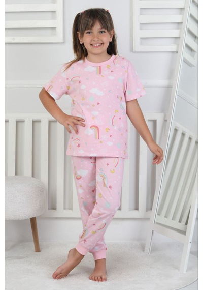 %100 Pamuk Gökkuşağı Desenli Kısa Kollu Manşetli Paça Kız Çocuk Pijama Takımı 3-8 Yaş Pembe