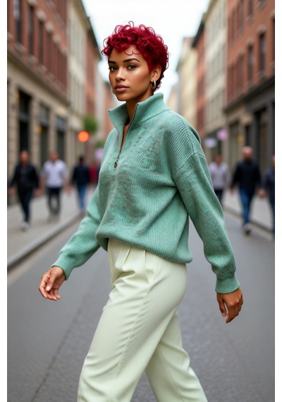 Ersefa Kadın Oversize Basic Dokulu Uzun Kollu Fermuarlı Dik Yaka Selanik Mint