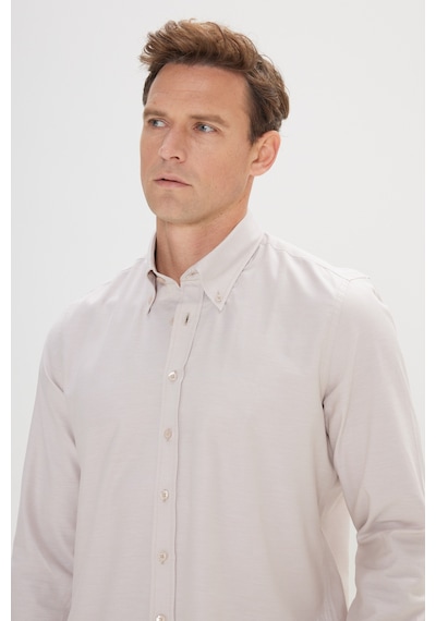 AC&Co / Altınyıldız Classics Erkek Bej Slim Fit Dar Kesim Düğmeli Yaka %100 Pamuk Oxford Gömlek 4A2000000051BEJM Bej
