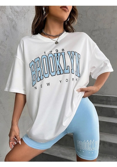 Startmore Kadın Beyaz Mavi Brooklyn Bisiklet Yaka Tshirt Beyaz
