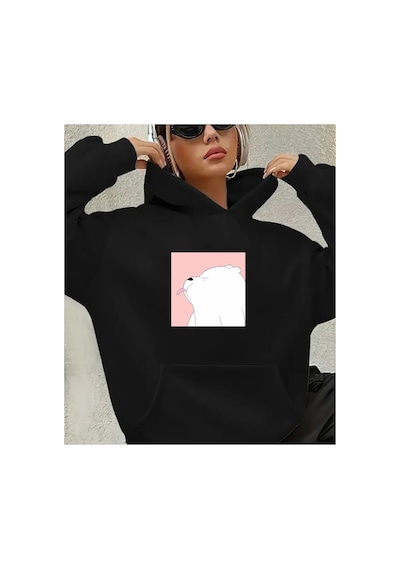 Herkesemoda Sevimli Panda Baskı Detaylı Kapüşonlu Sweatshırt Siyah Siyah