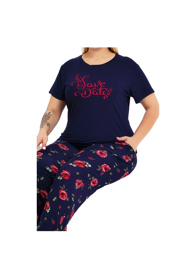 Lady Lacivert Renk Ve Desenli 11025 Kısa Kollu Kadın Büyük Beden Anne Pijama Takımı Lacivert - Kırmızı