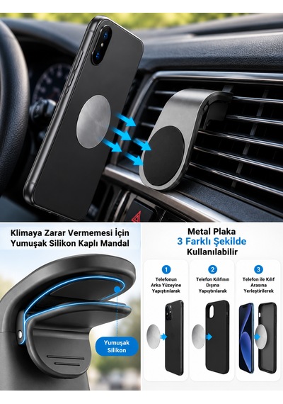 Telefon Tutucu Araç Klima Menfezine Takılan Mıknatıslı Metal Gri