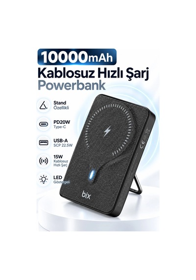 Exenar - Siyah - 10000mah Standlı Pd20w Type-c - Usb-a Scp22.5w - 15w Kablosuz Hızlı Şarj Led Göstergeli Powerbank