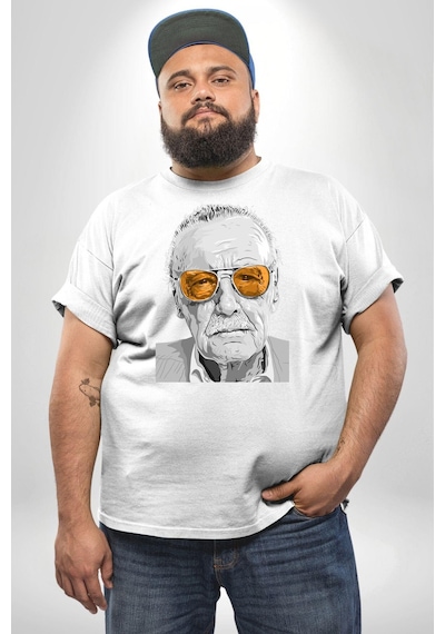 Angemiel Stan Lee Beyaz Büyük Beden Kadın Erkek Ünisex Basic Ön Baskılı Tişört Beyaz