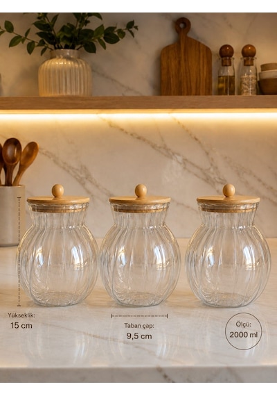 Qerhome Bambu Kapaklı Borosilikat Cam Kavanoz Seti Çizgili Erzak Ve Bakliyat Saklama Kabı 3 Ad 2000 Ml Dr51 Şeffaf
