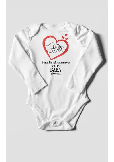 Benim Bir Kahramanım Varc Ben Ona Baba Diyorum Baskılı Bebek Zıbını Çıtçıtlı Body Uzun Kol Beyaz
