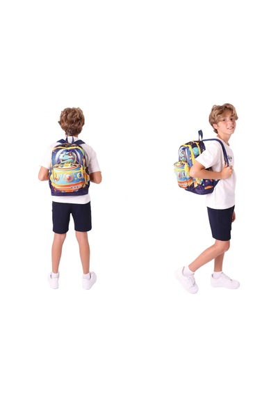 Kaukko Kids Layer Erkek Çocuk Okul Çantası + Kalem Çantası Seti Mavi Sarı - Astronot Dinazor Mavi - Sarı