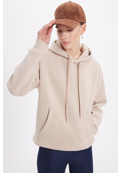 Tudors Kadın Oversize Geniş Kesim Pamuklu Yumuşak Dokulu İçi Polarlı Basic Bej Kapüşonlu Sweatshirt-42080 Bej