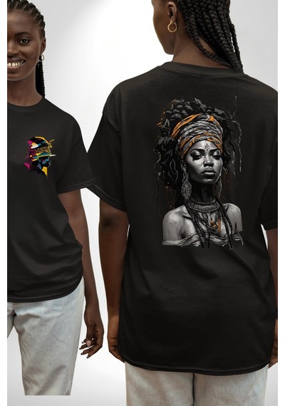 Afrikalı Kadın Sanat Siyahi Siyah Oversize Kadın Erkek Ön Ve Sırt Baskılı Tişört Siyah