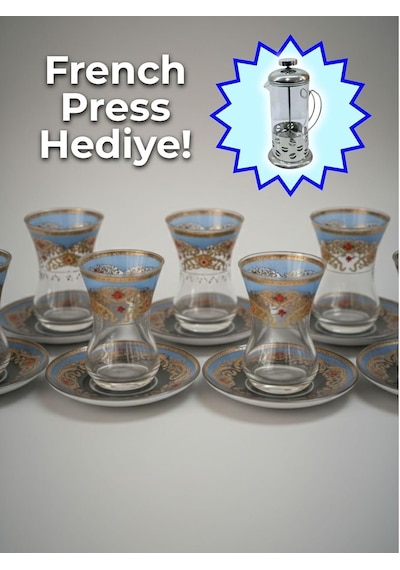 Topkapı 6 Kişilik Çay Seti, French Press Hediyeli, 9 Farklı Osmanlı Desenli Çay Bardağı Takımı 6, Topkapı Mav Diğer