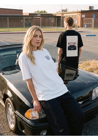 Black Nova Oversize Baskılı Unisex Tişört Mustang Gt Beyaz