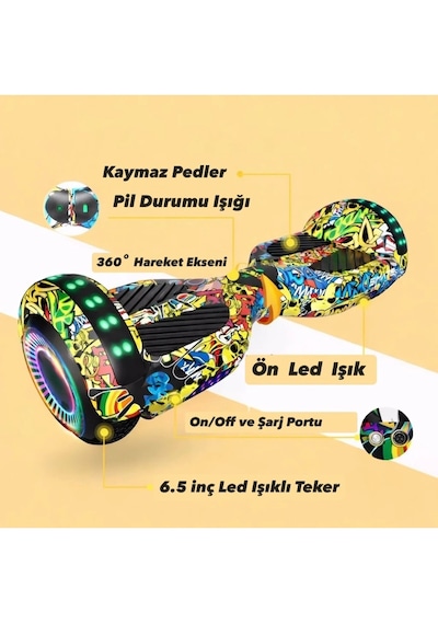 Elektrikli Kaykay Hoverboard 6.5 Inch Taşıma Çantalı Bluetooth Hoparlörlü Akıllı Denge - Rs-s5 Apato Grafiti