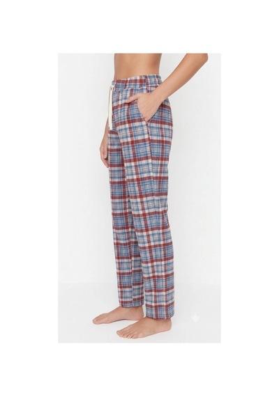 Yasar Underwear Kadın Pijama Altı %100 Pamuklu Ekose Desenli Cepli Ve Bağcıklı Mavi,bordo Mavi,bordo