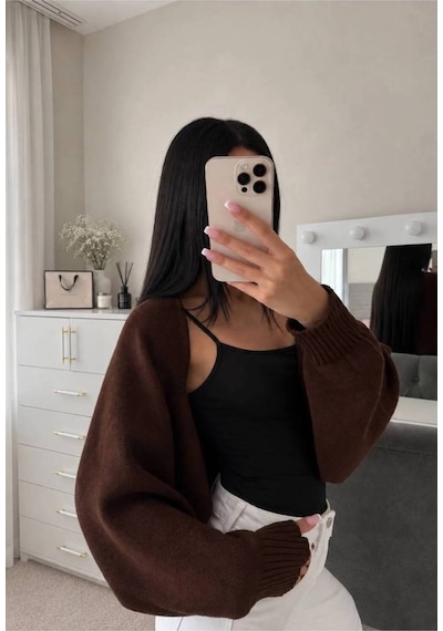 Flex Fashıon Kadın Sokak Modası Akrilik Crop Triko Hırka Kahve Kahverengi - 928384069 Kahverengi - 928384069 Kahverengi