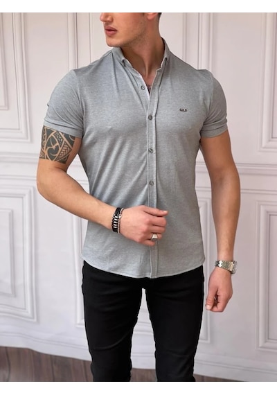 Modefendi Slimfit Merserize Pamuk Kısa Kollu Gömlek Gri