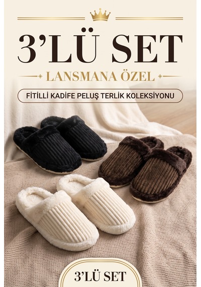 Stwenn 3 Lü Avantajlı Paket Kışlık Peluş Desenli Sessiz Ortopedik Taban Çeyiz Misafir Ev Terliği Set 3 Lü Almina