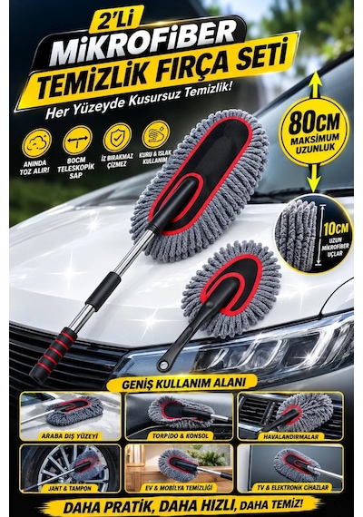 Teleskopik Saplı 2 Adet Mikrofiber Temizlik Fırça Seti İz Bırakmaz Çizmez Toz Alma Aparatı Araba Yık