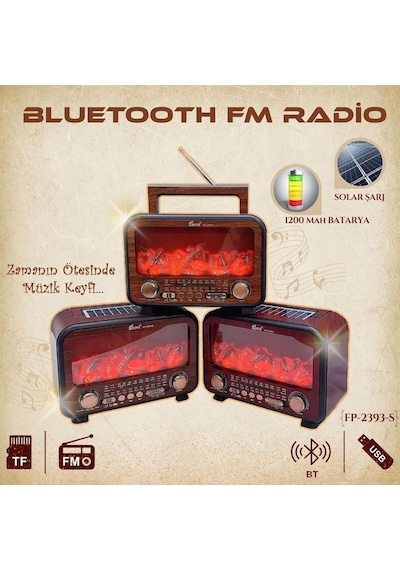 Fepe Fp-2393-s Şömine Detaylı Bluetooth Destekli Solar Güneş Enerjili Nostaljik Radyo