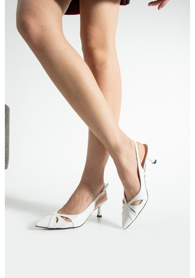 Dabab Shoes Sıeny Kadın Beyaz 6 Cm Topuklu Arkası Açık Tokalı Sivri Burun Rugan Ayakkabı