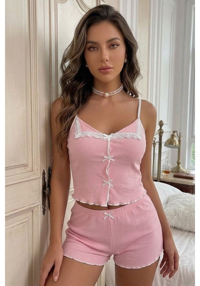 Bella Notte Pembe Dantel Detaylı Fiyonk Detaylı Askılı Şortlu Pijama