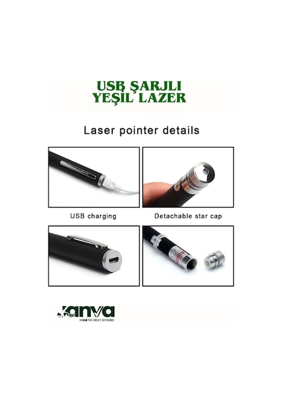 Usb Şarjlı Voltran Yeşil Lazer Kalem Başlıklı Yeşil Lazer Pointer Turbo Işın Yeşil Laser Pointer Yeşil