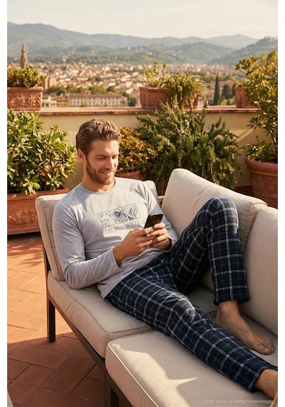 Buratti Ekoseli Pamuklu Regular Fit Yüksek Bel Bisiklet Yaka Erkek Pijama Takımı 6574000 Gri
