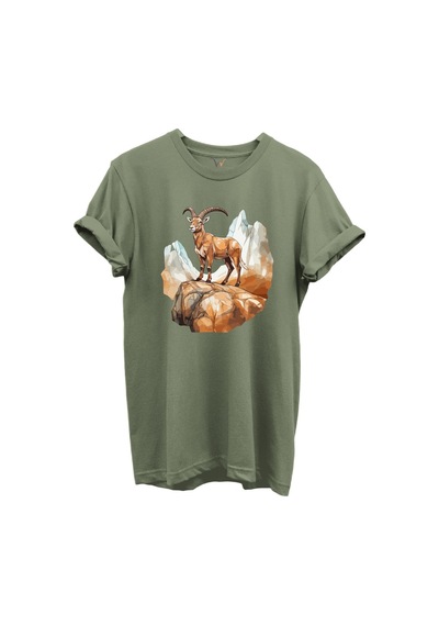 Dağ Keçisi Tasarımlı Avcılık Konseptli %100 Pamuk Regular Fit Bisiklet Yaka Unisex T-shirt Haki