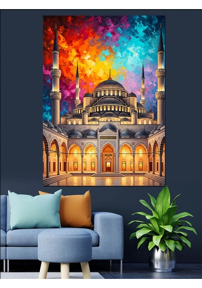 Ahşap Tablo Renkli Gökyüzü Altında Görkemli Cami İnsan Figürlü Tablolar