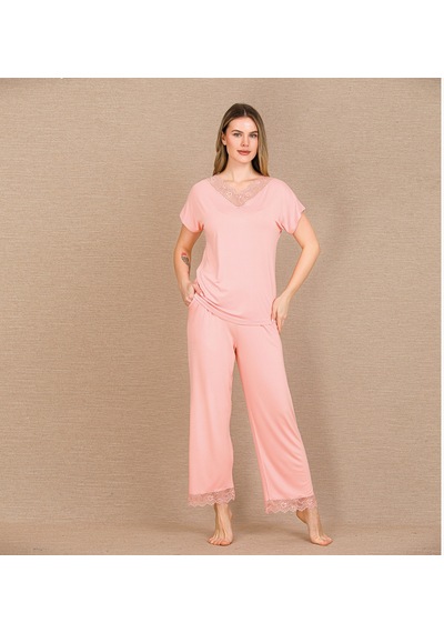 Civetta Viskonşık Tasarım Dantel İşlemeli Açık Pembe Kısa Kol Pijama Takı