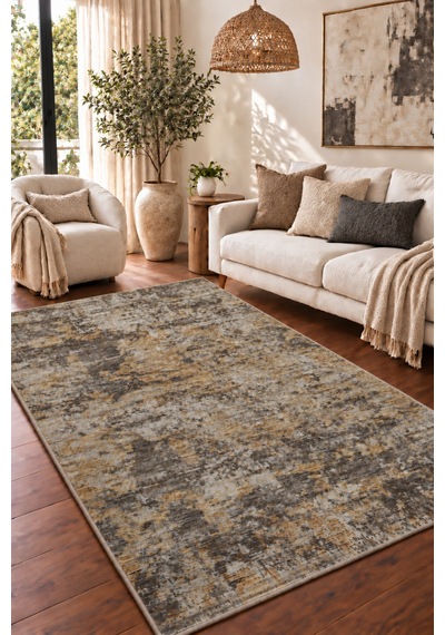 Vivanni Home Everlynn Polyester Vintage Halı Pamuk Atkı Tabanlı Modern Dokuma Ev Halısı Kahverengi Gold