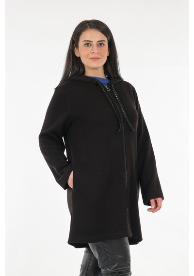Tolga Saraçoğlu Oversize Kapüşonlu Midi Kadın Ceket - Günlük & Rahat Siyah