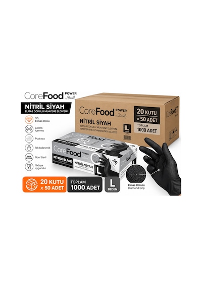 Corefood Nitril Siyah Eldiven Ekstra Kalın L Beden Power 3d Elmas Dokulu 1000 Adet Koli