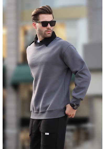 Madmext Füme Polo Yaka Erkek Sweatshirt 7086 Füme