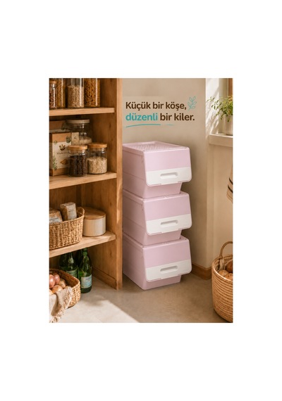 3 Katlı Tekerlekli Kapaklı Saklama Kutusu, Eşya Ve Erzak Organizer 3x12 Litre Pembe Pembe Pembe
