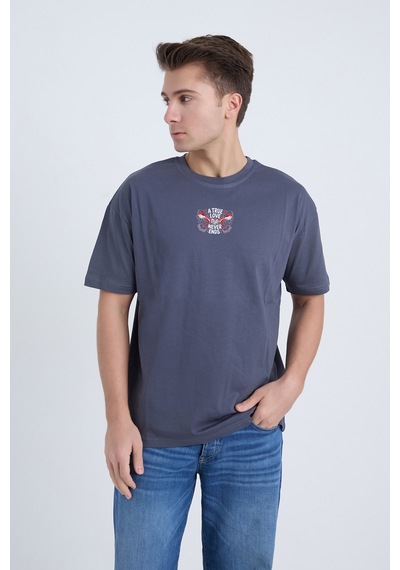 Velvoria Unisex Oversize A True Love Baskılı Antrasit Renk T-shirt