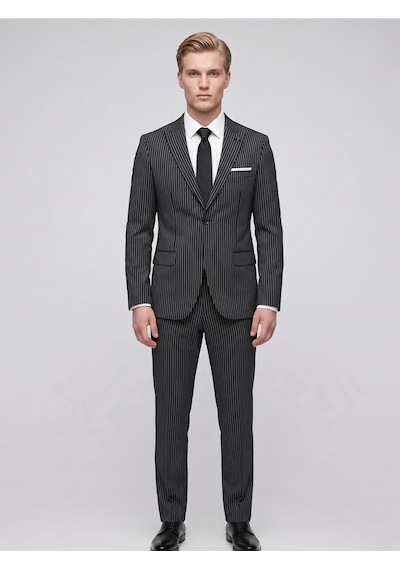 Tk6890 Erkek Çizgili Takım Elbise Slim Fit Modern Kesim Şık Klasik Ceket Pantolon Takım Siyah